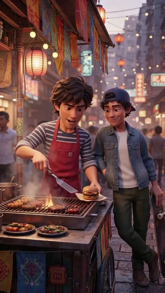Two friends talking at a warmly lit night-market food stall